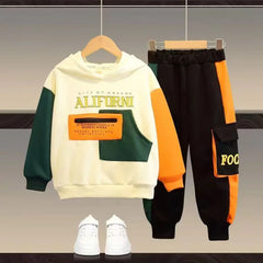 Boys Tracksuit Sets Children Patchwork Letter Sweatshirts+Pants 2Pcs Outfits Teenager Autumn Fashion Hooded Suits Spring Clothes