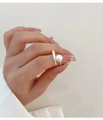 925 Sterling Silver Round Pearl Ring Wedding Adjustable Rings For Women Jewelry
