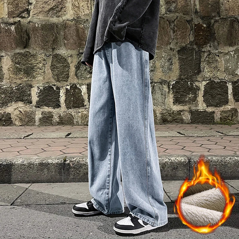 Winter Fleece Men's Baggy Wide Leg Jeans Thicken Warm Fashion Streetwear