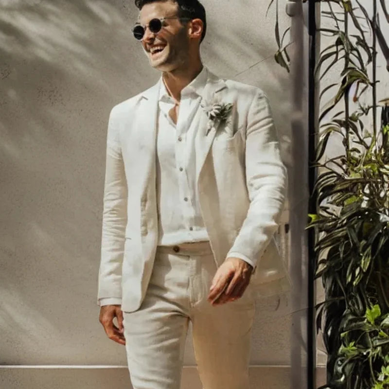 Tuxedo for Mens: Beige Linen Men Suits Slim Fit Summer Beach Wedding Tuxedo