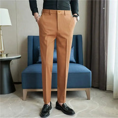 Autumn Mens Fashion Embroidered Trousers Korean Business Dress Solid Suit Pant