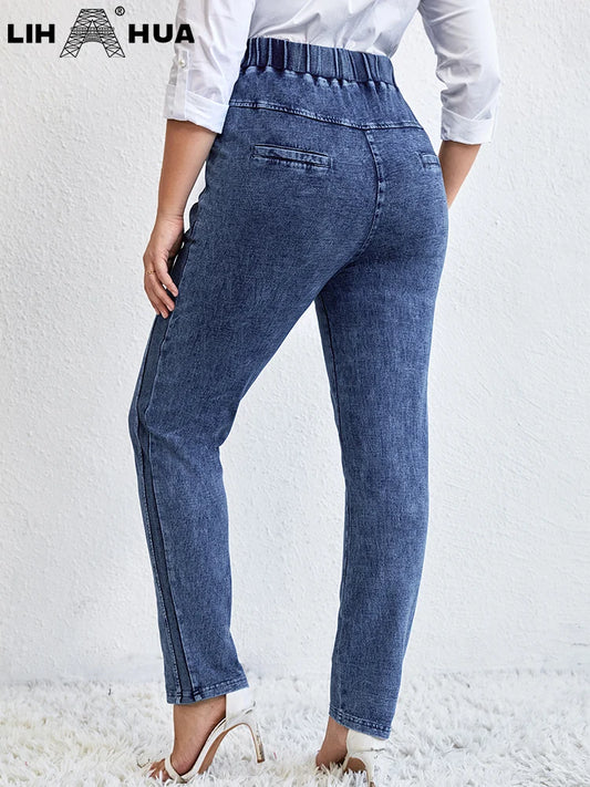 Women's Plus Size Jeans Autumn High Stretch Cotton Knitted Denim Trousers