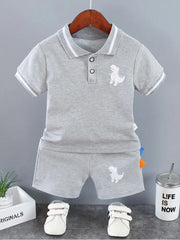 Infant Baby Boy Sets Summer Clothing Casual Sport Suit POLO Shirt + Shorts 2Pcs Set Boys Kids Grey Dinosaur Print Tracksuit