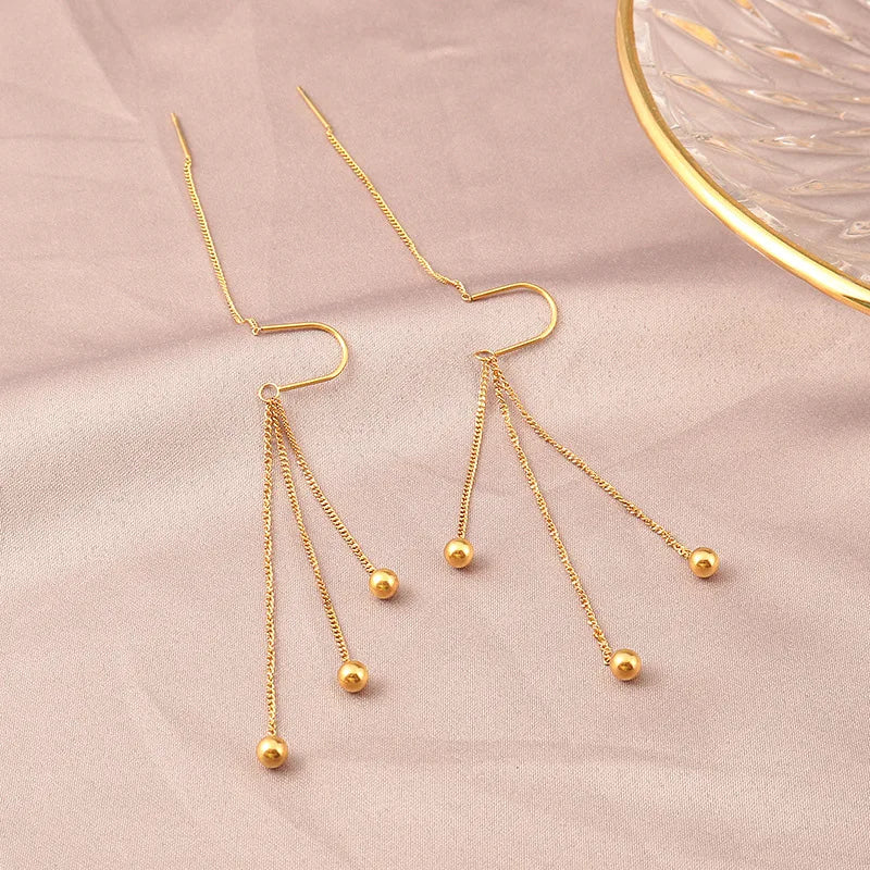 Charm Gold Color Stainless Steel Ball Long Drop Dangle Earrings for Women Exquisite Trendy Bride Ear Line Jewelry Gift Colorfast