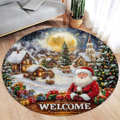 Pink Floral Christmas Tree Round Carpet Green Pine Branch Bowknot New Year Xmas