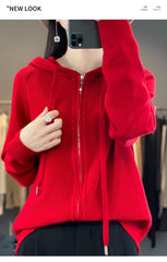 autumn and winter hooded cardigan women's knitted top loose sweater casual