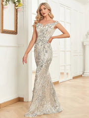 Homecoming Dresses: V Neck Silver Sequin Evening Dress Women Sleeveless Party Maxi