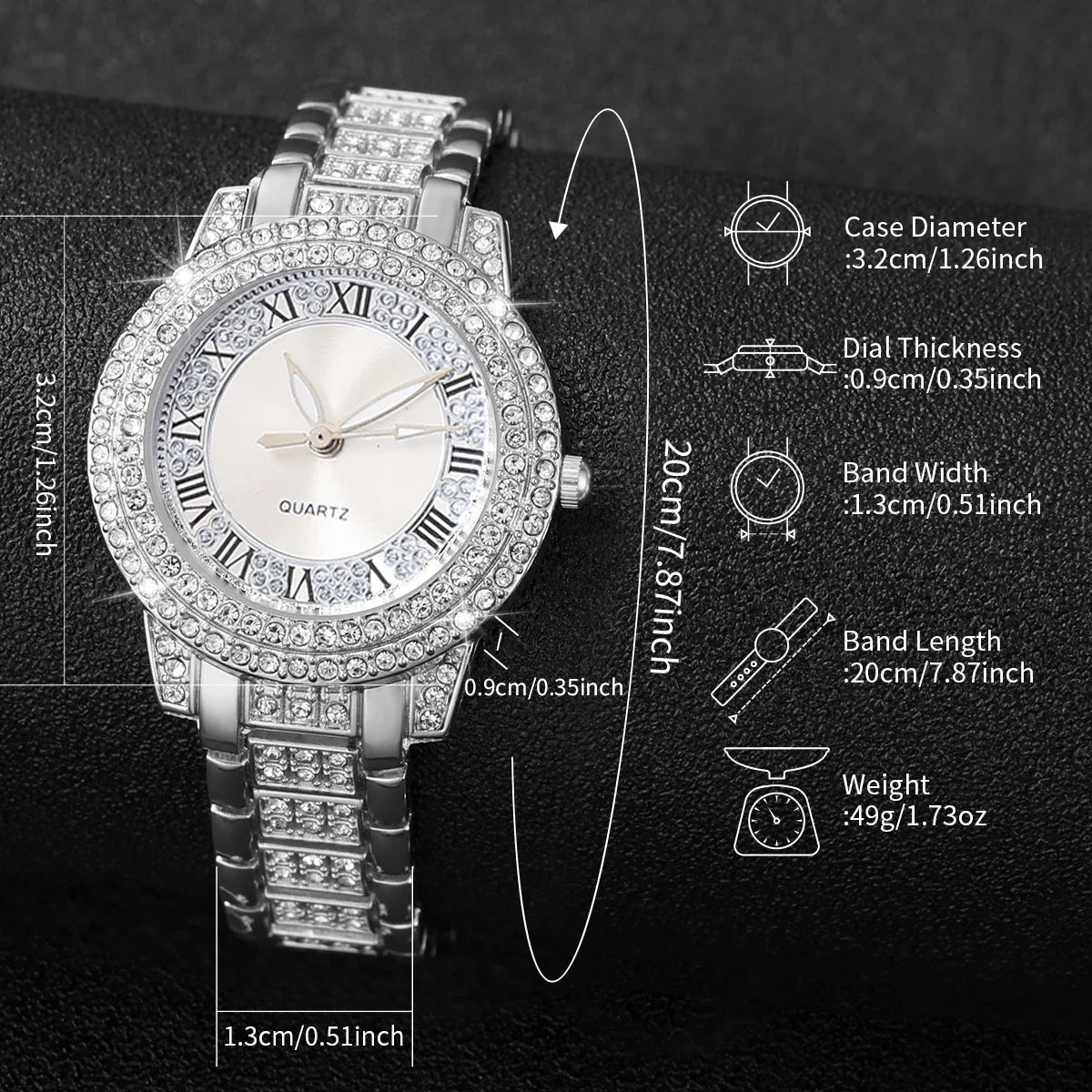 6PCS/Set Women's Watch Fashion Rhinestone Roma Dial Quartz Watch Steel Band Wristwatches Diamond JewelrySet(Without Box)