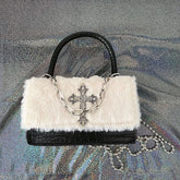 Y2k Gothic Handbag for Women Soft Plush Cross Applique Chain Shoulder Bag