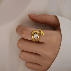 18K Gold Plated Stainless Steel Open Ring Inlaid with Water Drop Shaped Zircon
