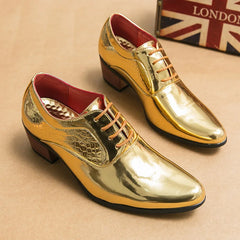 New 2024 Luxury Gold Men High Heel Leather Shoes Moccasins Designer Pointed
