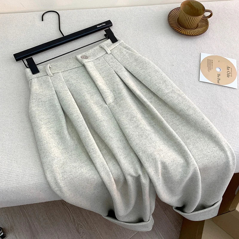 Women Casual Loose Pockets Woolen Suit Pants