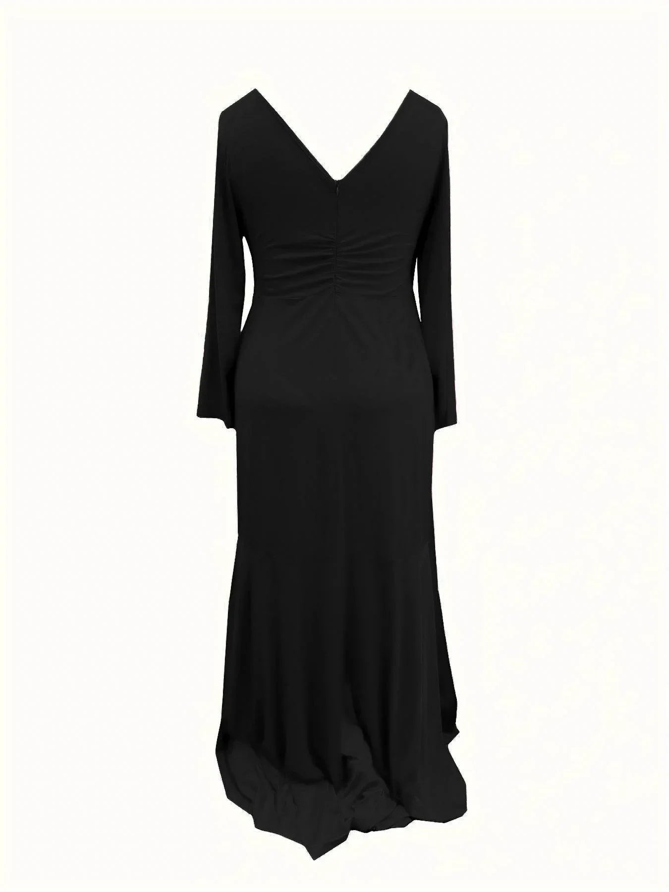 Plus Size Black V-Neck Elegant and Slim Fitting Long Sleeve High Split Women's