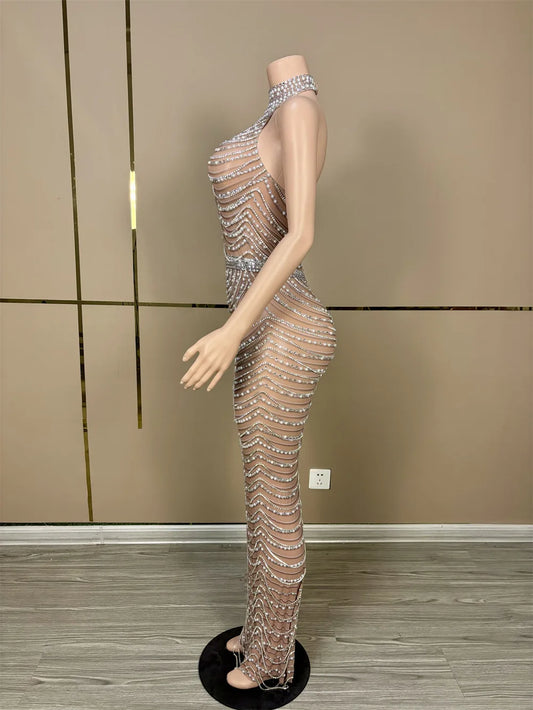 Evening Dresses: Sparkly Rhinestone Pearl Halter Stretch Long Dress Women