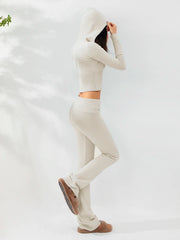 Women Cozy Ribbed Knit Long Sleeve Zip Up Hoodie with High Waist Wide Leg Pant