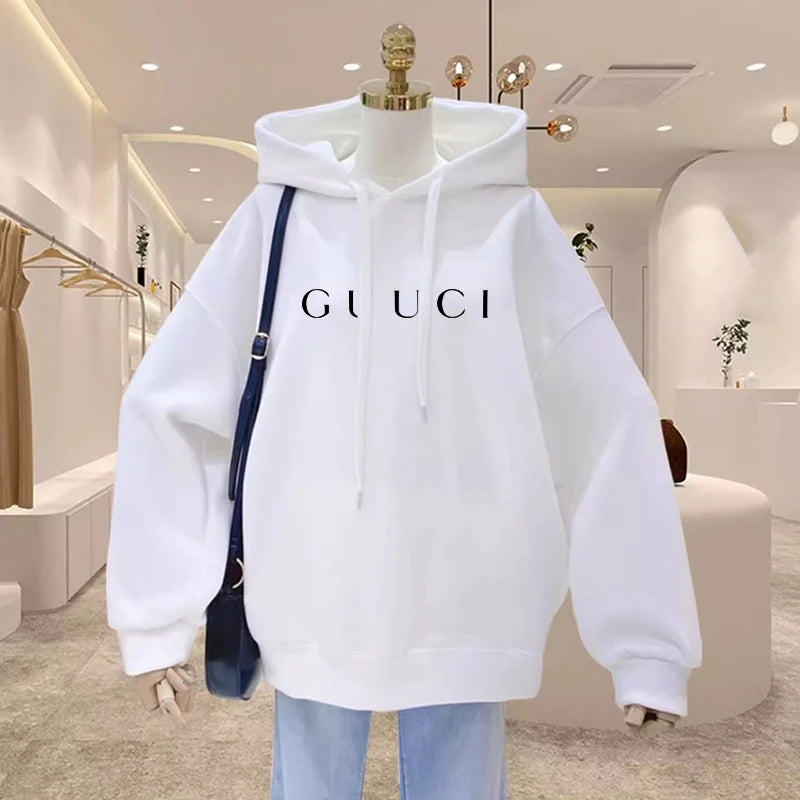 Print Fleece Hoodie Women's Fashion Graphic Loose Casual Sweatshirt
