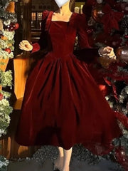 Formal attire Dresses: Vintage Christmas Red Velvet Dress Square Collar Evening Party
