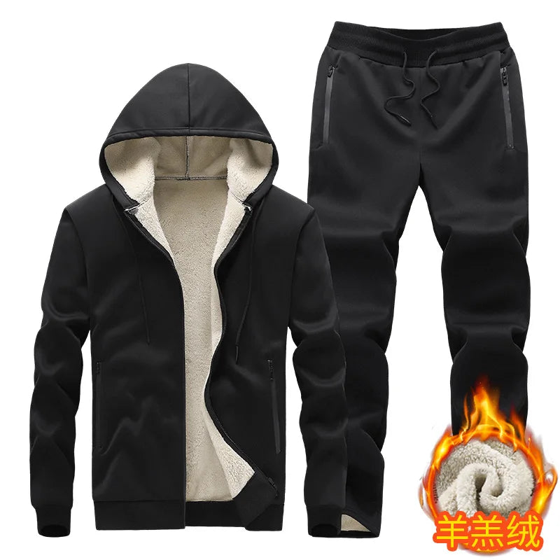 Hooded lambskin medium and elderly large size warm suit with plush thick hoodie jacket+thick pants two-piece set
