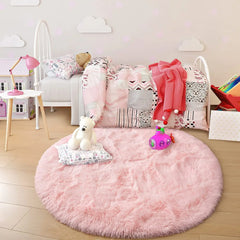 Pink Round Carpet Fluffy Soft Area Rugs for Kids Girls Room Princess Castle Plush Shaggy