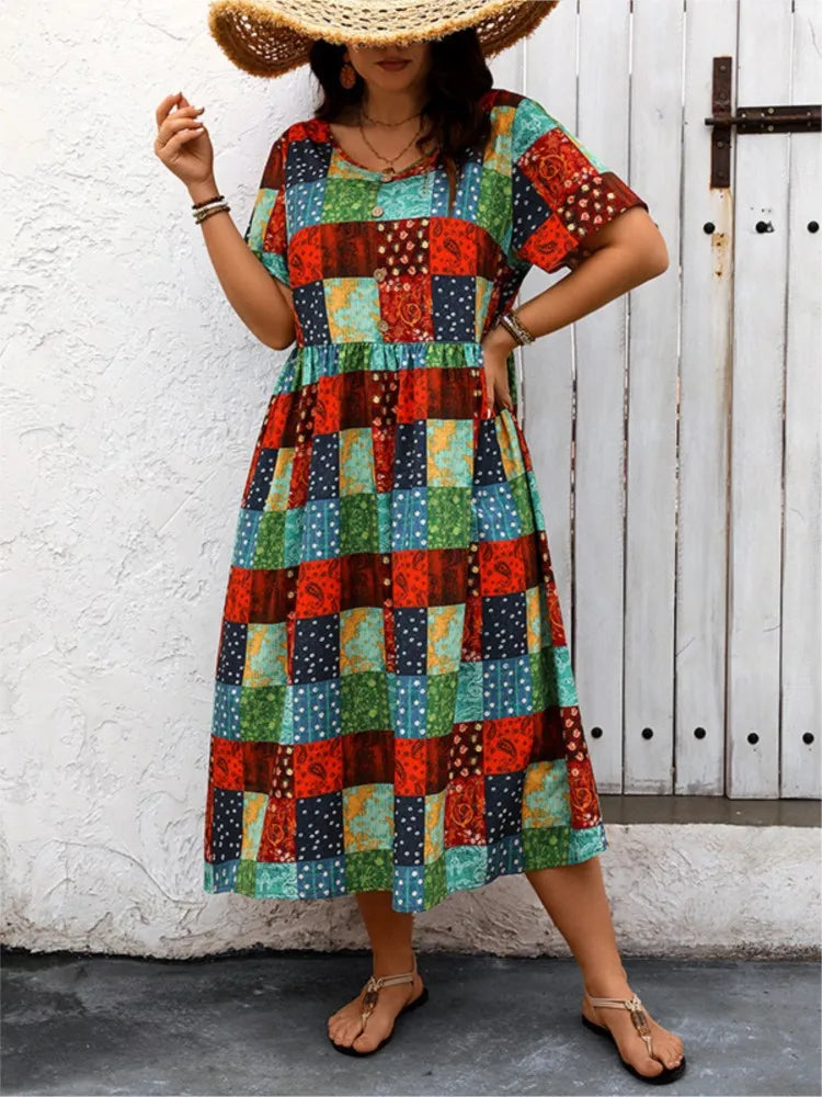 Plus Size Plaid Polka Dot Print Summer Dress Women Short Sleeve Casual