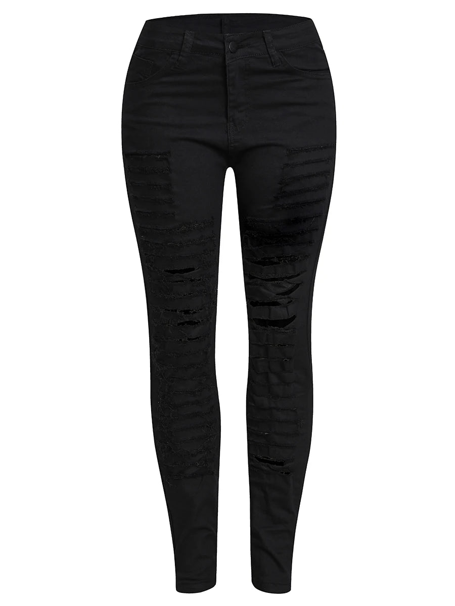 LW Mid Waist High Stretchy Ripped Solid Skinny Jeans Summer Elastic Trousers