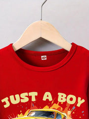 Two-Piece Boy Fashion Short Sleeve Suit, Red Car Print Top With Black Car Print Pants, Casual Trend