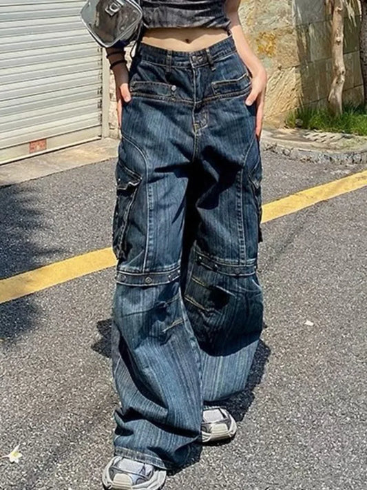Y2K Large Size American Washing Heavy Industry Pocket Tooling Jeans High Street Pants