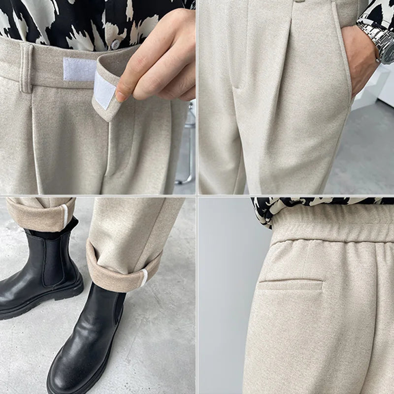 Velcro High Waist Casual Pants Men Loose Woolen Elastic Waist Streetwear Vintage Fashion Suit Pants