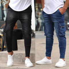 Fashion Streetwear Ripped Skinny Jeans Men Side Mulit Pockets Denim Cargo Pants