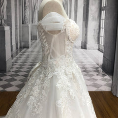 Court Train A-Line Wedding Dress Off Shoulder Beaded Vintage Bride Gown