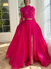 Homecoming Dresses: Prom Dress Two Piece Set Evening Dress Long Sleeve Flower