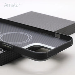 Amstar Magnetic 600D Carbon Fiber Case for iPhone 15 Pro Max 15 Pro Metal Button Aramid Fiber Cover Support Magsafe Charging