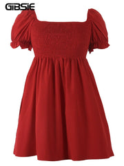 Plus Size Square Neck Shirred Puff Sleeve Dress Women