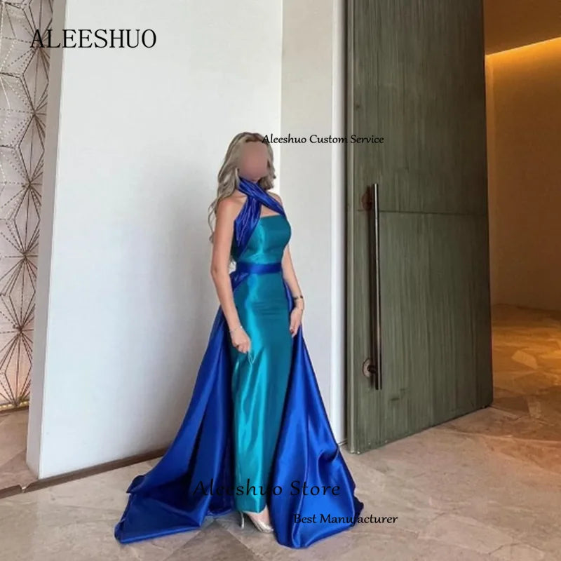 Homecoming Dresses: Blue Mermaid Satin Prom Dresses Halter Sleeveless Party Dresses