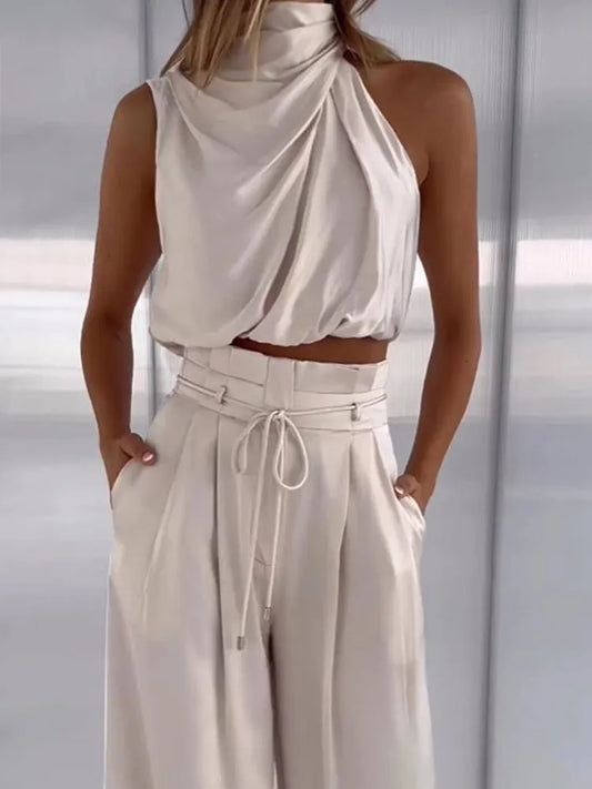 Beige Two Piece Pants Sets Women Outfit Silk Pleated Texture
