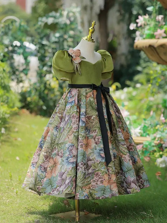 Vintage Ball Gowns for Little Girls Kids Girl Patchwork Floral with Bowknot Dress