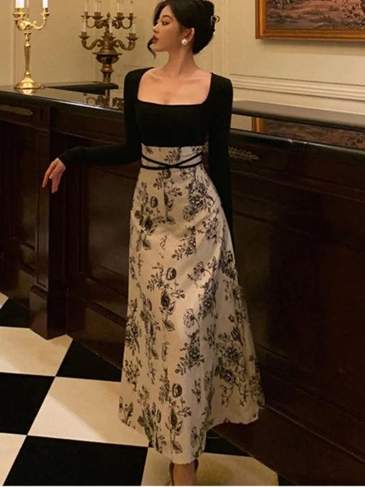 Evening Dresses: Women's Floral Patchwork Midi Dress Square Collar Long Sleeve