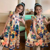Girls' Set 2024 Summer Casual Dress Flying Sleeve Graffiti Painting Dress