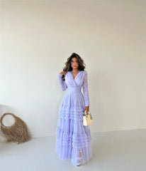 Homecoming Dresses: Prom Dress V Neck Long Sleeve Tulle Formal Occasion