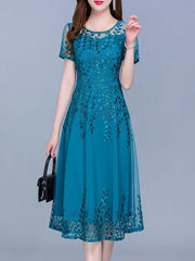 Evening Dresses: Blue Casual Chiffon Mesh Korean Long Dress Women