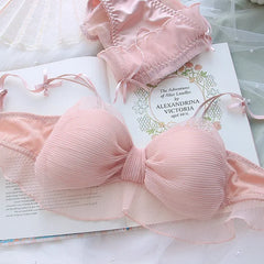 Japanese Bras Lolita Girls Folds Bow Lovely Underwear Set Mesh Sweet Rimless
