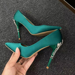 Womens Comfortable Heels: Woman 10cm High Heels Metal Heels Satin Silk Dress
