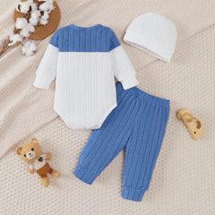 3PCS Newborn Baby Boy Clothes Set Long Sleeved Color Blocked Bodysuit+Gray Pants+Hat Autumn Clothing for Toddlers 1-18 Months