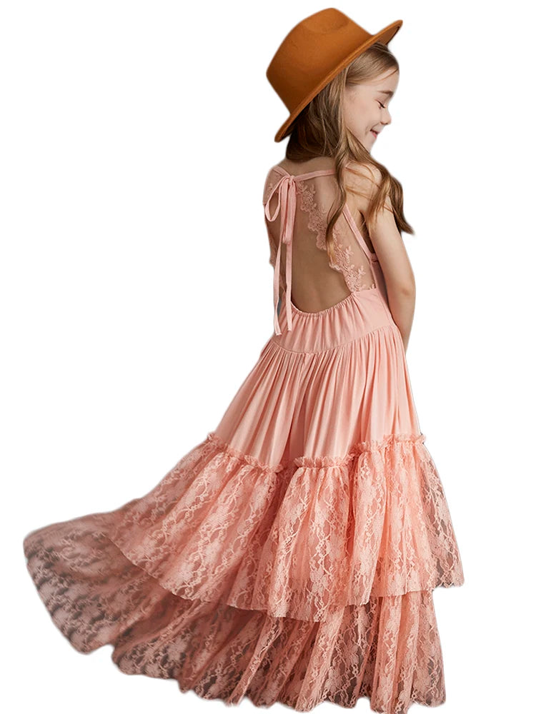 Big Girls Flower Wedding Party Backless Chiffon Dress Princess Kids Bohemia Lace Long Dresses Vestidos Clothing For 3-15 Years
