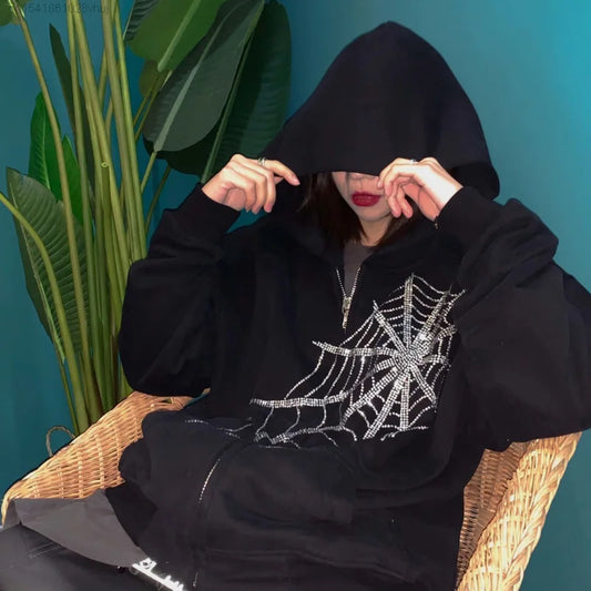 Y2k Gothic Spider Web Diamond Zipper Hoodie Female Autumn Winter Oversize Fashion