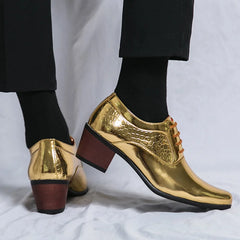 New 2024 Luxury Gold Men High Heel Leather Shoes Moccasins Designer Pointed