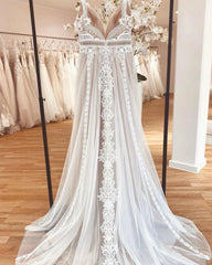 White Bridesmaid Dresses: Lace Boho Wedding Dress Beach V Neck Open Back Chic