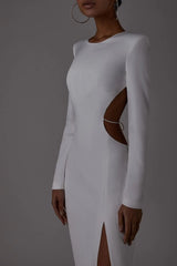Evening Dresses: Women Backless Bandage Dress O Neck Long Sleeves Belt