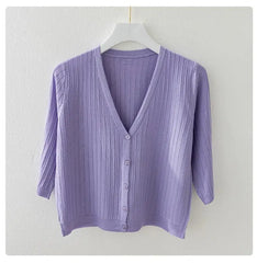 Fashion Women Solid Knitted Sweaters Coats Spring Summer Half Sleeve V-neck