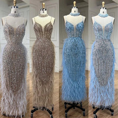 Homecoming Dresses: Spaghetti Strap Beaded Feather Evening Dresses